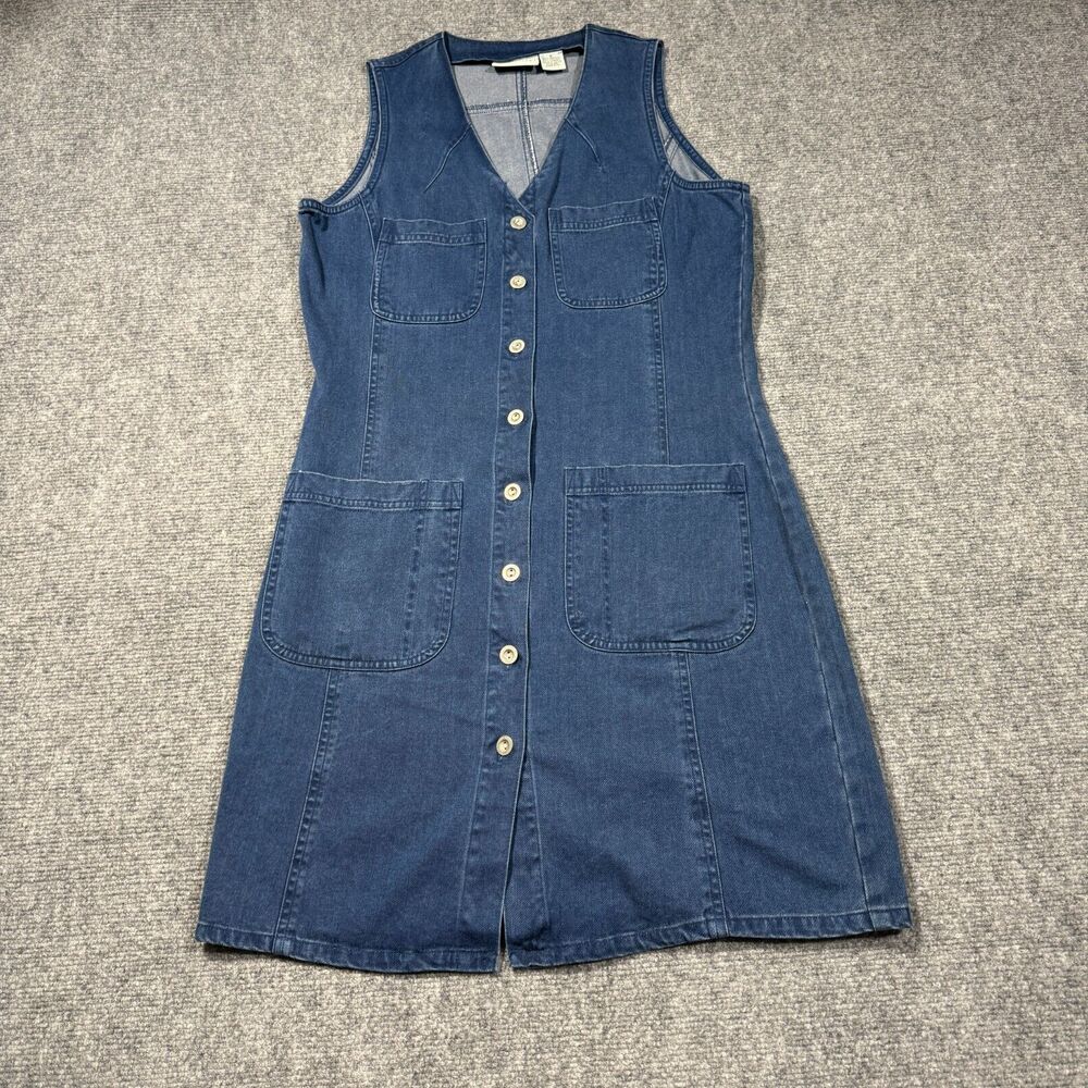 Vtg Relativity Denim Dress Small Midi Button Pockets Vneck Y2K 90s Cottagecore